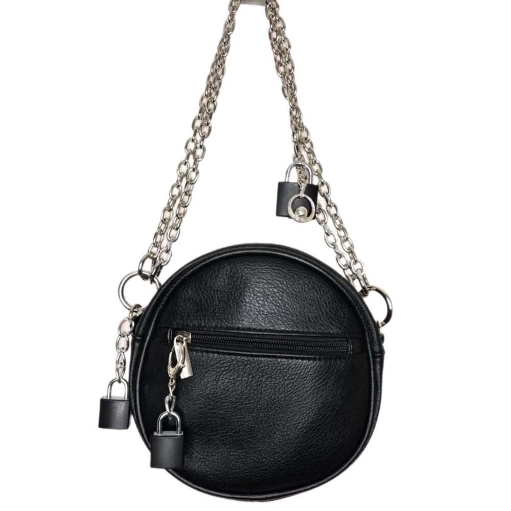 Custom Hand-Modified Round Black Padlock Chain Shoulder Bag